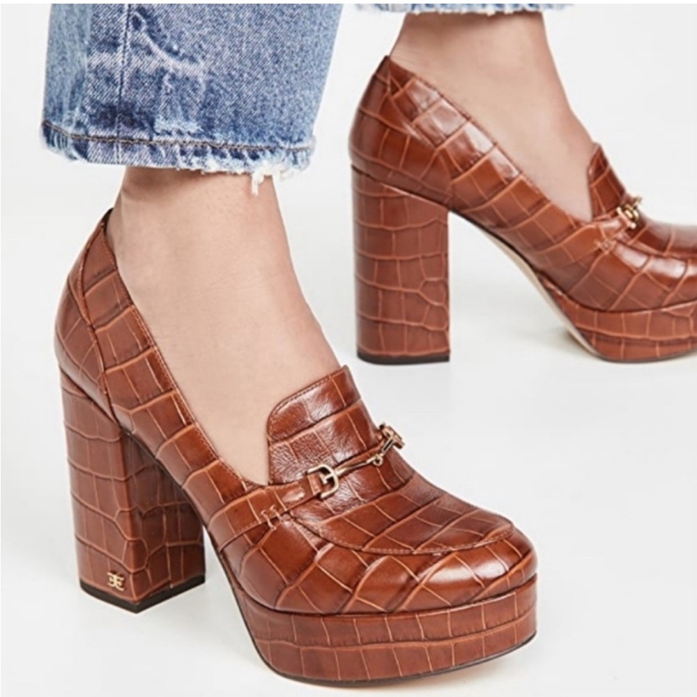 SAM EDELMAN Aretha Platform Bit Loafers In Brown‎ Croc Embossed 9.5